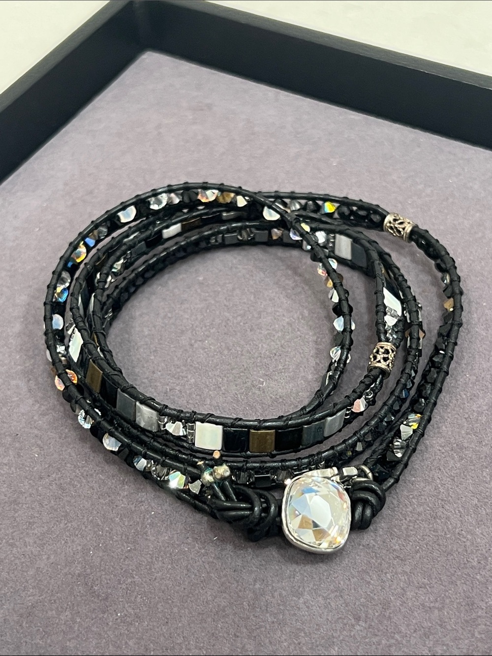 Black Multi-Strand Beaded Wrap Bracelet with Crystal clasp